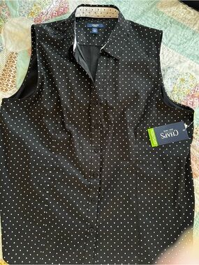 Chaps Ralph Ralph Lauren Black Sleeveless Polka Dot Button-Up Blouse Size XL